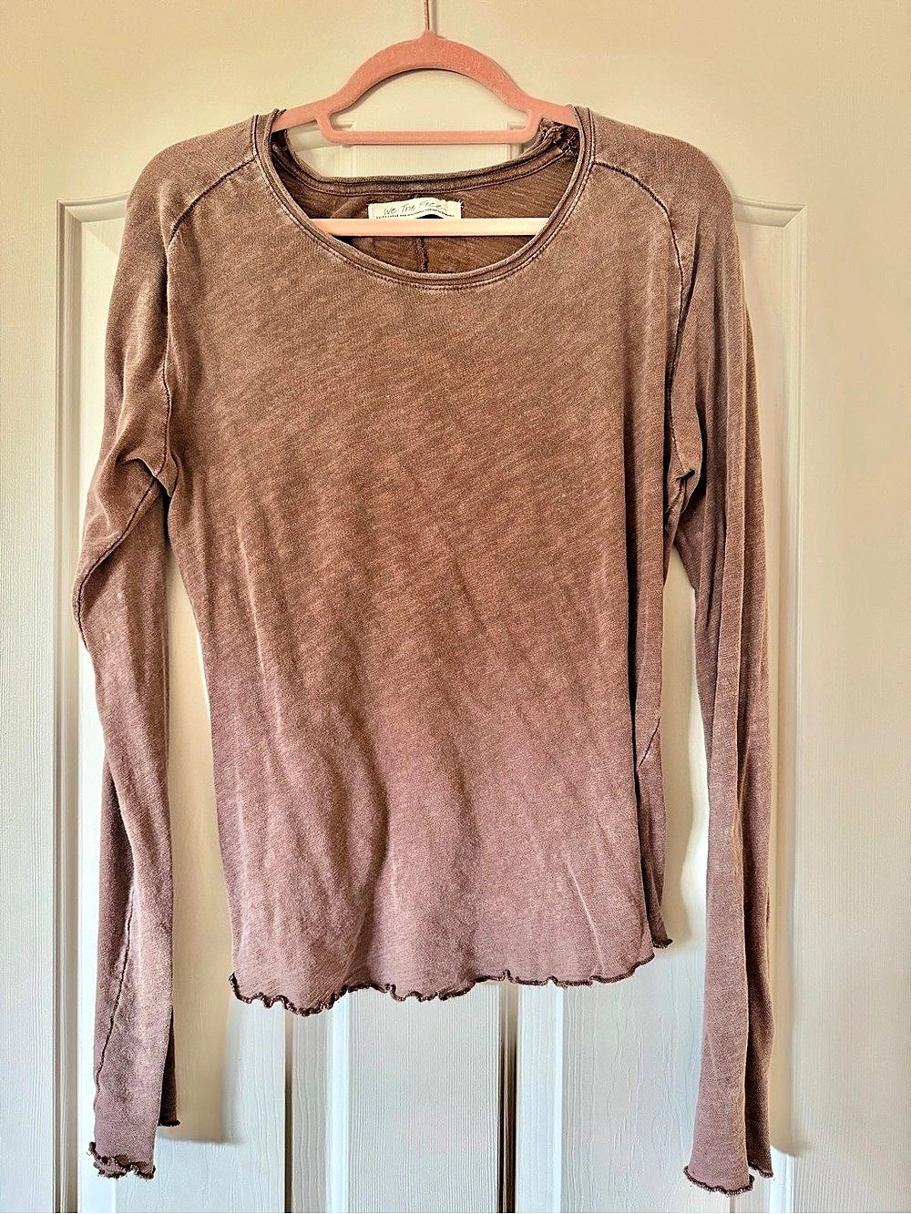 Free People Long Sleeve Raw-Edge Top in Brown